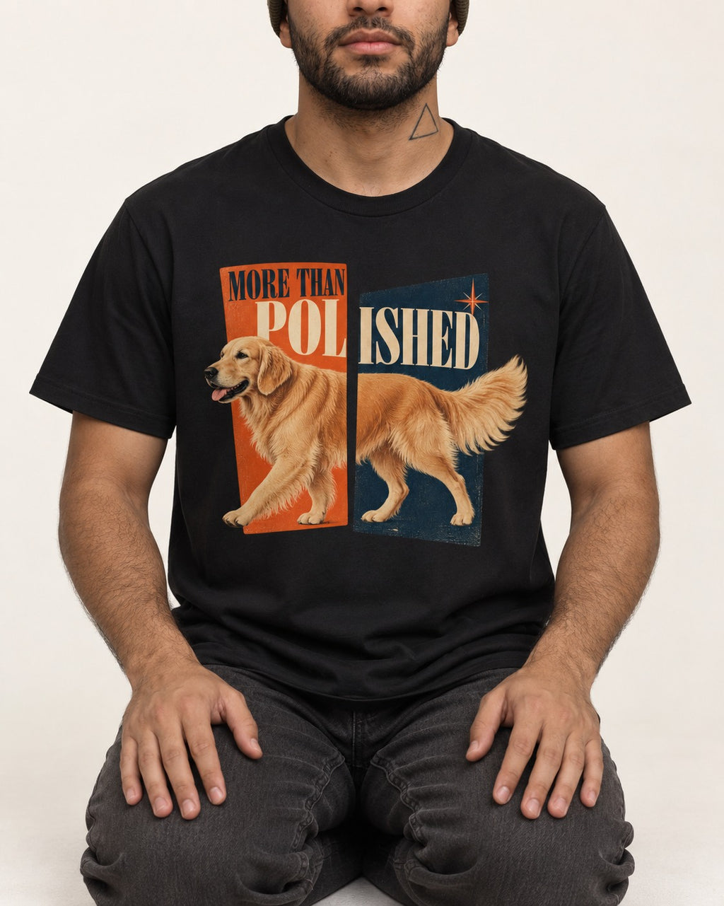Golden Retriever More Than Polished Split Panel Graphic T-Shirt in Black, worn by a seated model