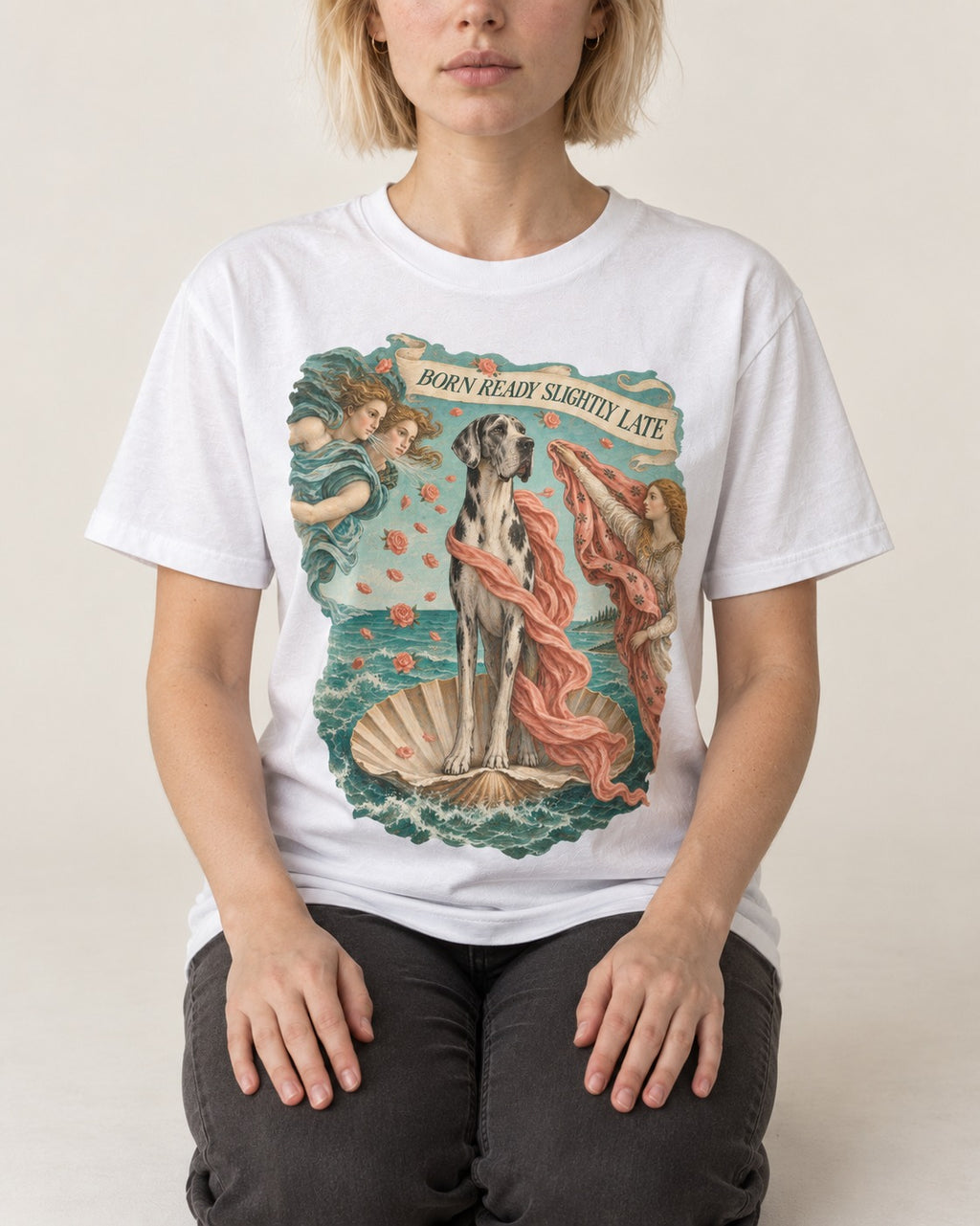 Great Dane Born Ready Slightly Late T-Shirt in White, worn by a seated model