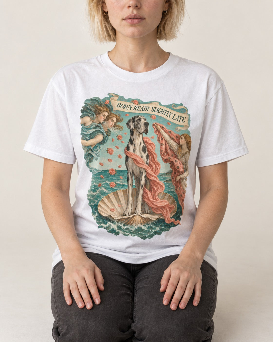 Great Dane Born Ready Slightly Late T-Shirt in White, worn by a seated model