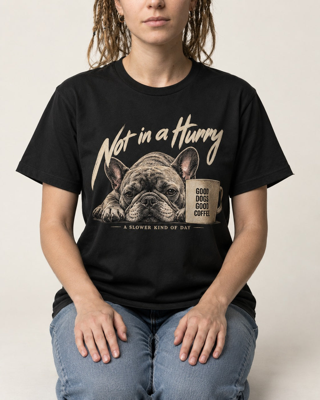 Frenchie Not in a Hurry Coffee Graphic T-Shirt in Black, worn by a seated model
