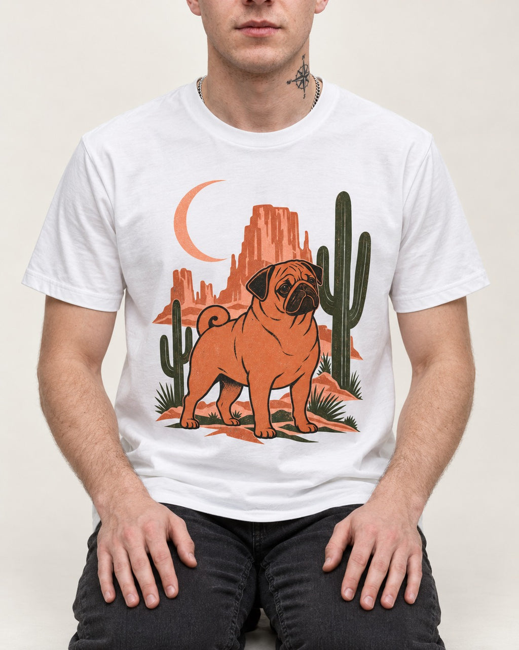 Pug Wild at Heart T-Shirt in White, worn by a seated model