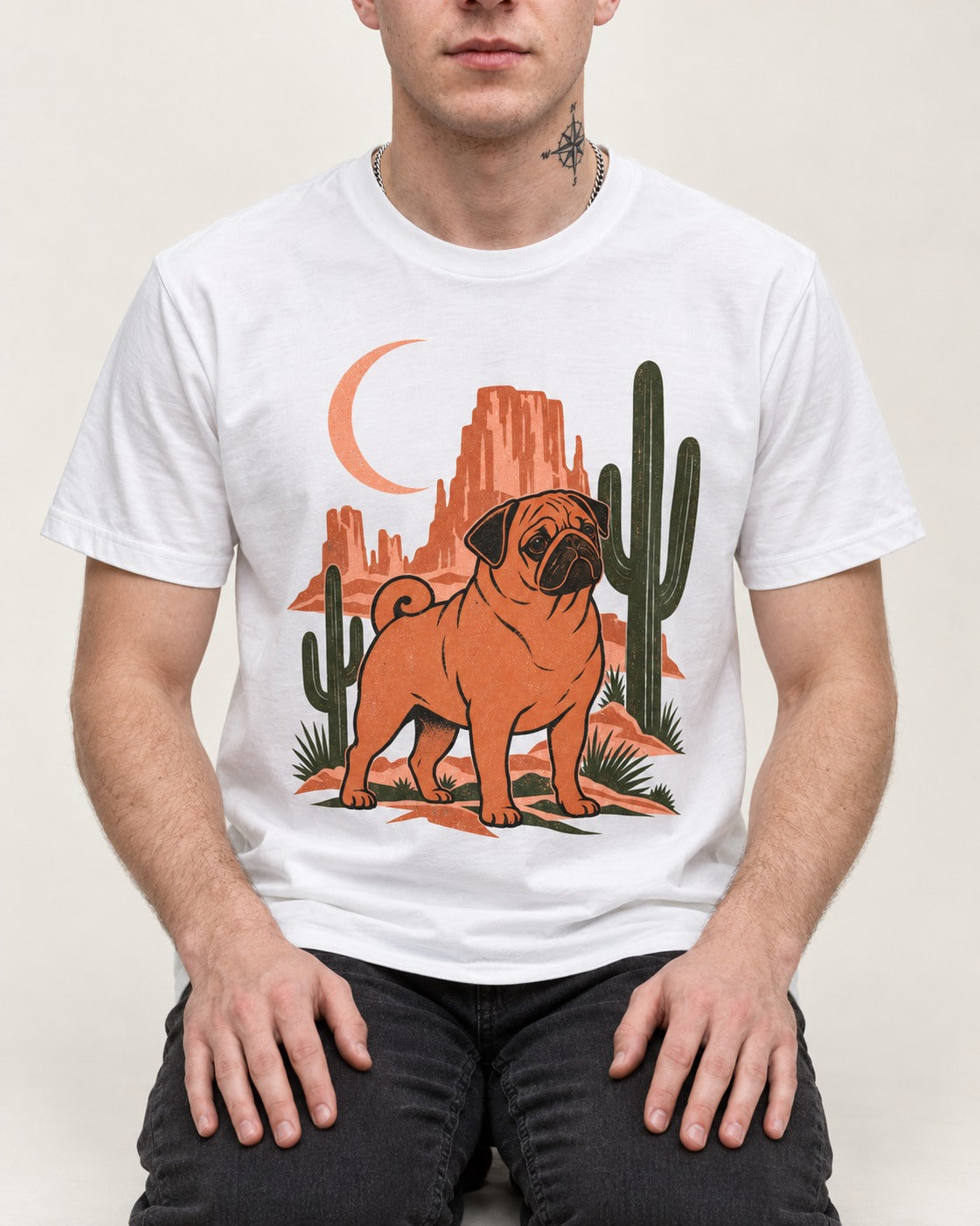 Pug Wild at Heart T-Shirt in White, worn by a seated model