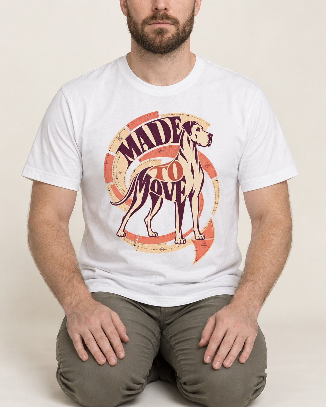 Great Dane Made to Move T-Shirt in White, worn by a seated model