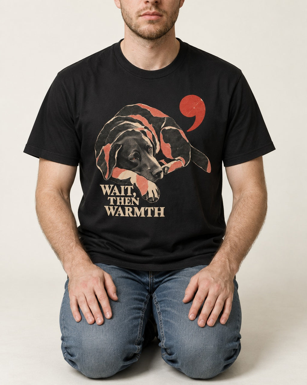 Labrador Retriever Wait Then Warmth Blanket Pause Graphic T-Shirt in Black, worn by a seated model