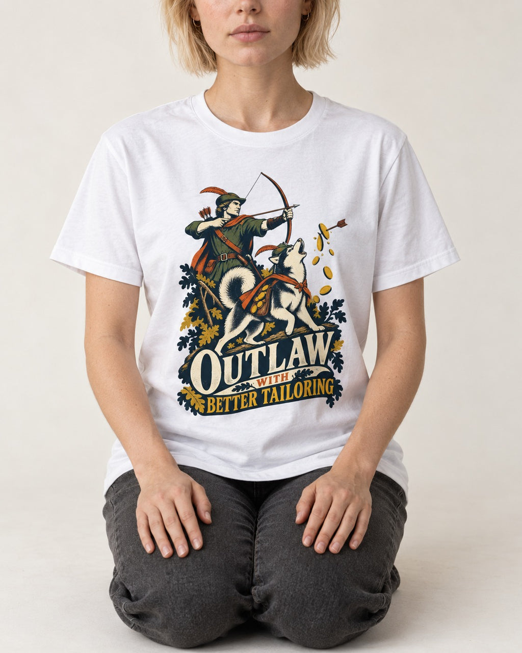 Husky Outlaw with Better Tailoring T-Shirt in White, worn by a seated model