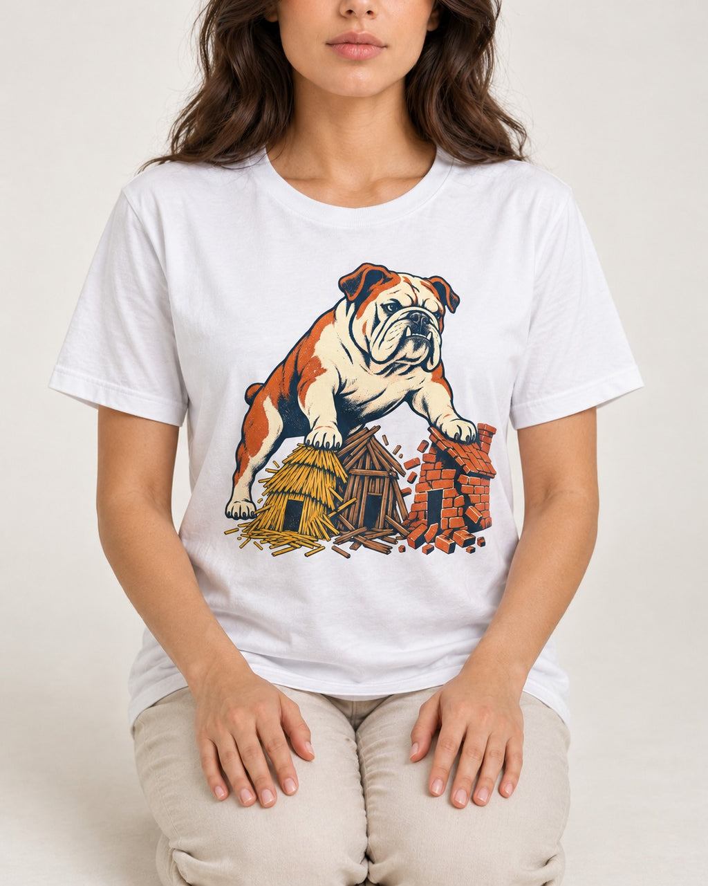 English Bulldog Huff and Puff T-Shirt in White, worn by a seated model