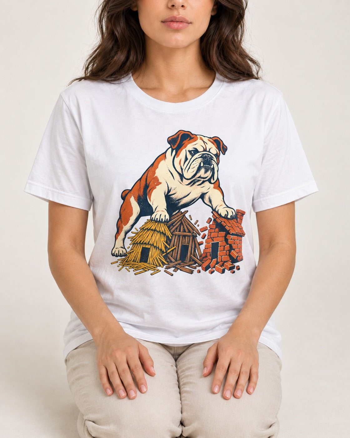 English Bulldog Huff and Puff T-Shirt in White, worn by a seated model