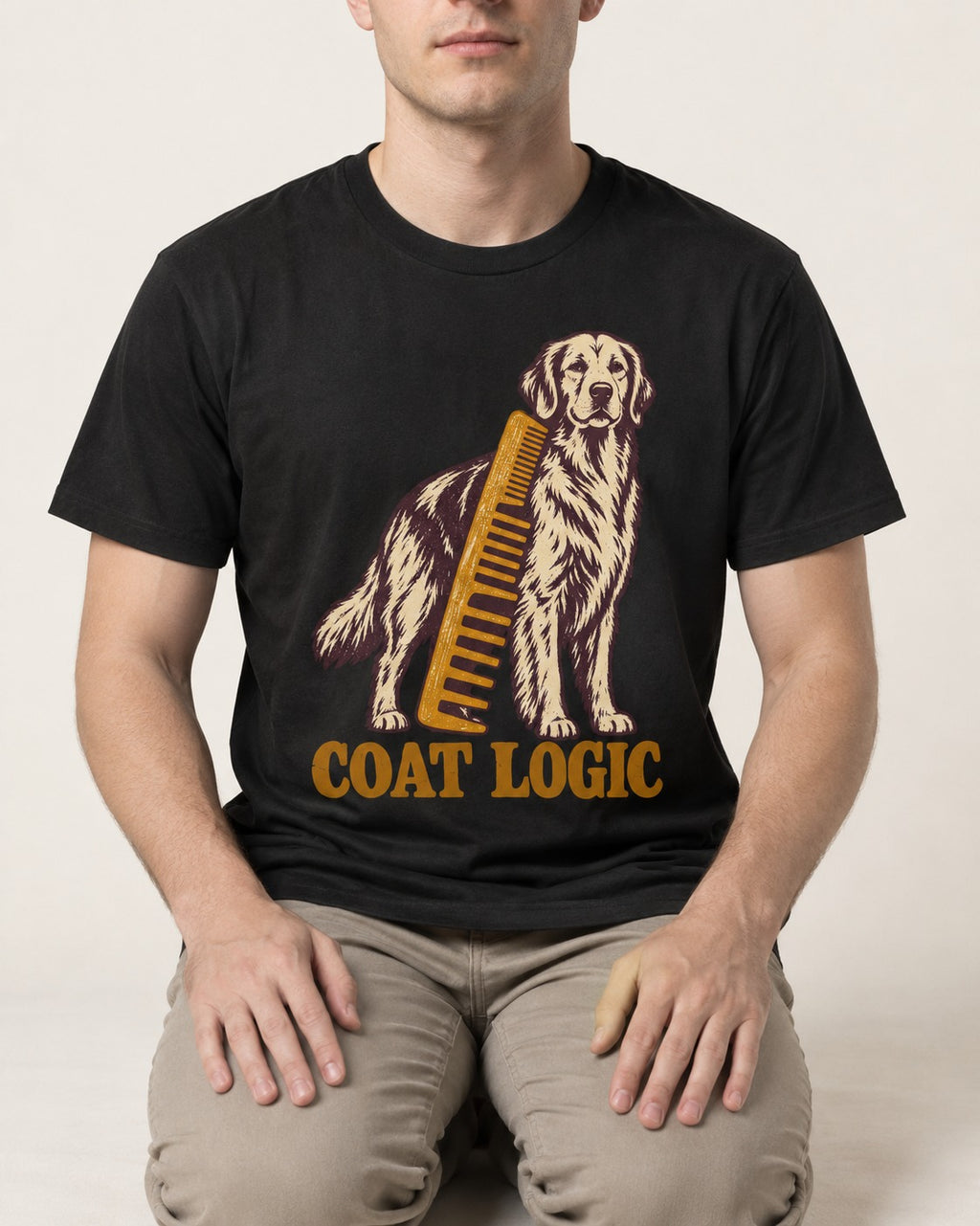 Golden Retriever Coat Logic Grooming Gauge Graphic T-Shirt in Black, worn by a seated model