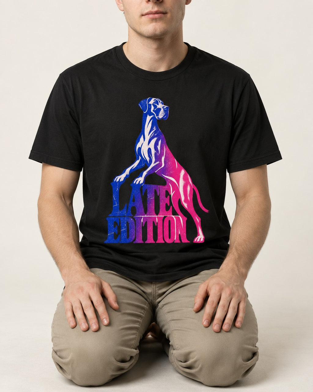 Great Dane Latest Edition Gradient Graphic T-Shirt in Black, worn by a seated model