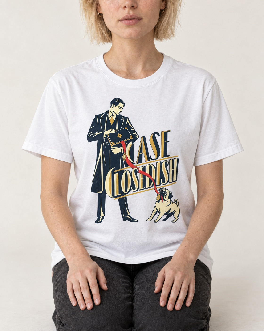 Case Closedish Pug T-Shirt in White, worn by a seated model