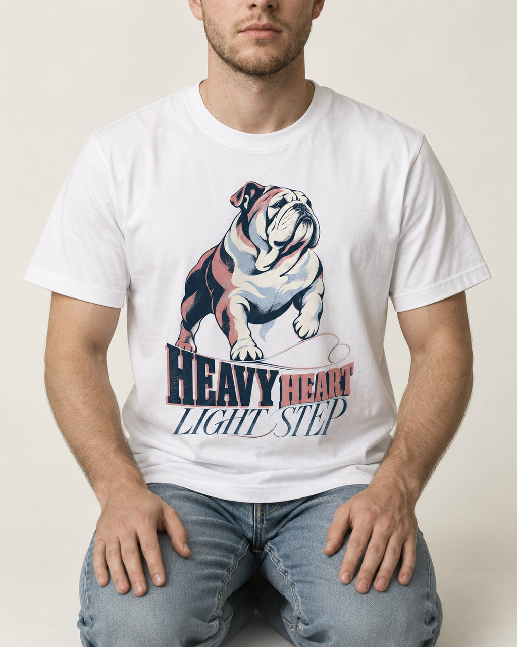 Heavy Heart Light Step English Bulldog T-Shirt in White, worn by a seated model