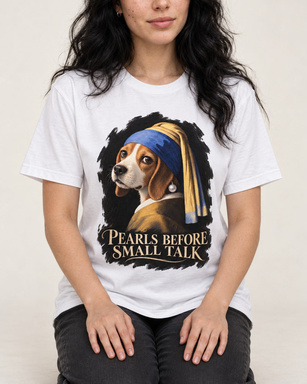 Beagle Paris Before Small Talk T-Shirt in White, worn by a seated model