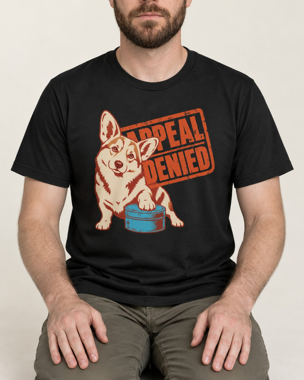 Corgi Appeal Denied Treat Tin T-Shirt in Black, worn by a seated model