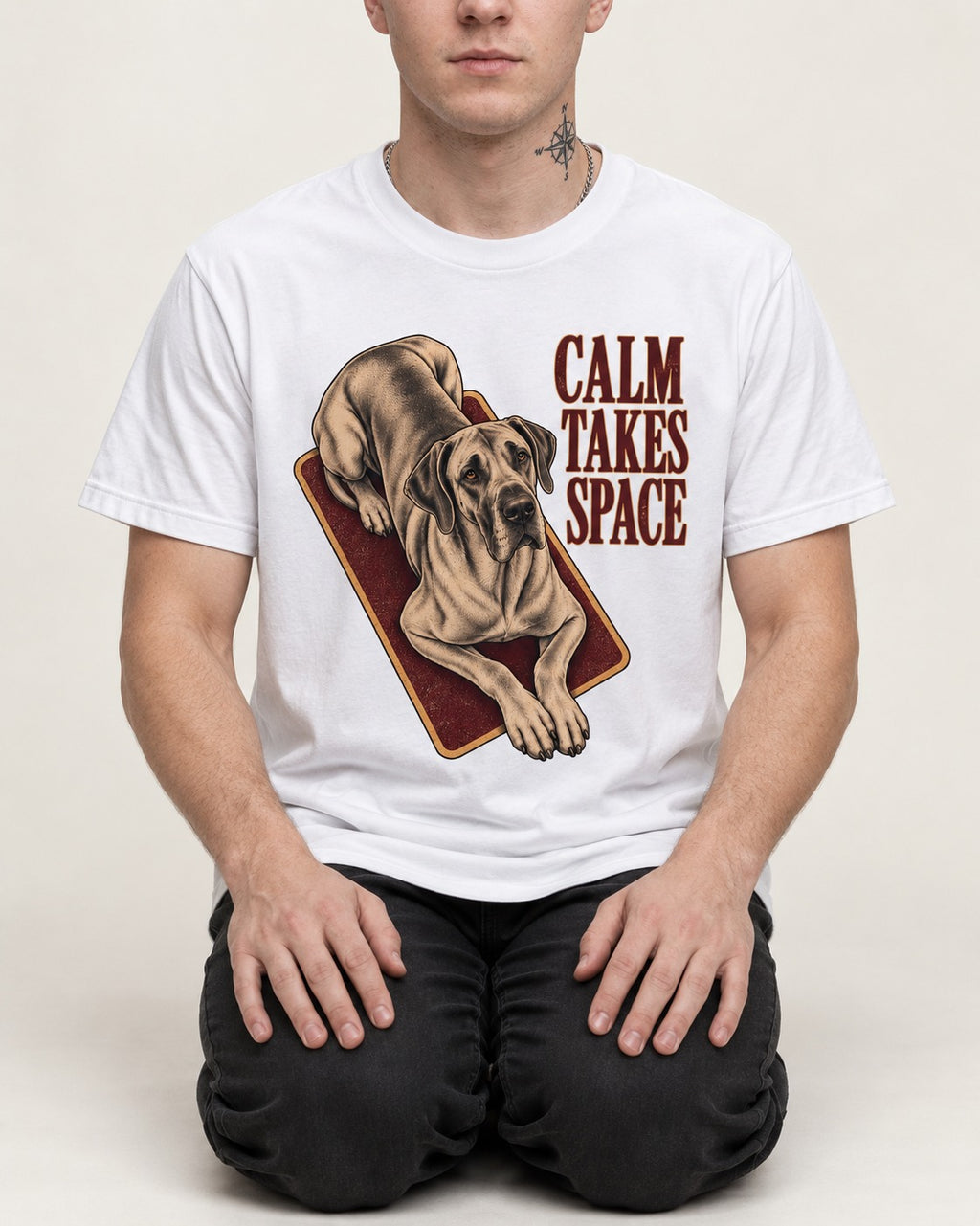 Great Dane Calm Takes Space T-Shirt in White, worn by a seated model
