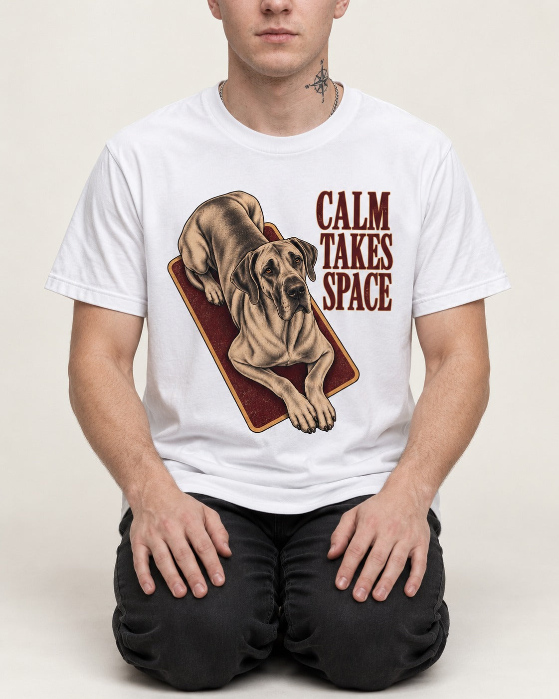 Great Dane Calm Takes Space T-Shirt in White, worn by a seated model