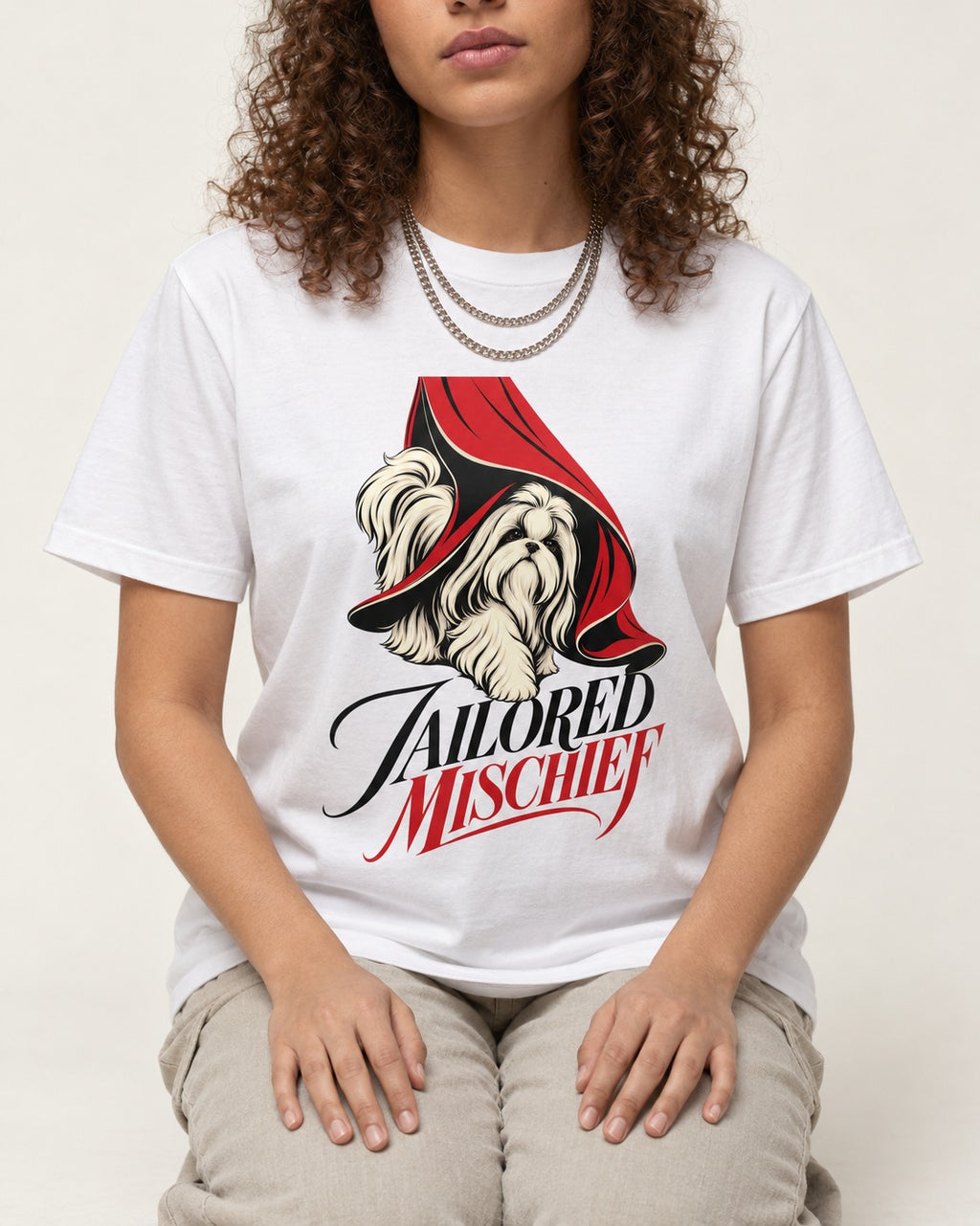 Tailored Mischief Shih Tzu T-Shirt in White, worn by a seated model