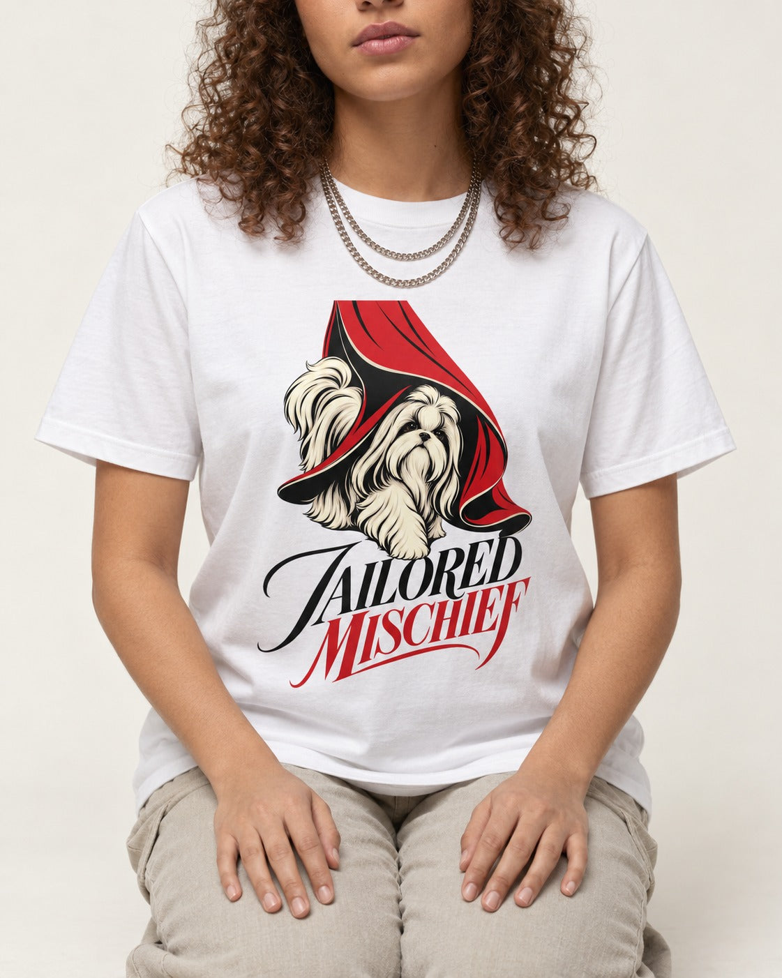 Tailored Mischief Shih Tzu T-Shirt in White, worn by a seated model