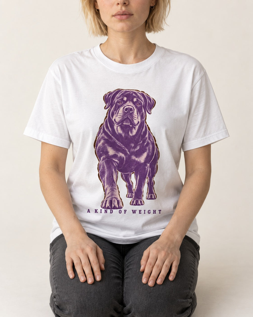Rottweiler A Kind of Weight T-Shirt in White, worn by a seated model