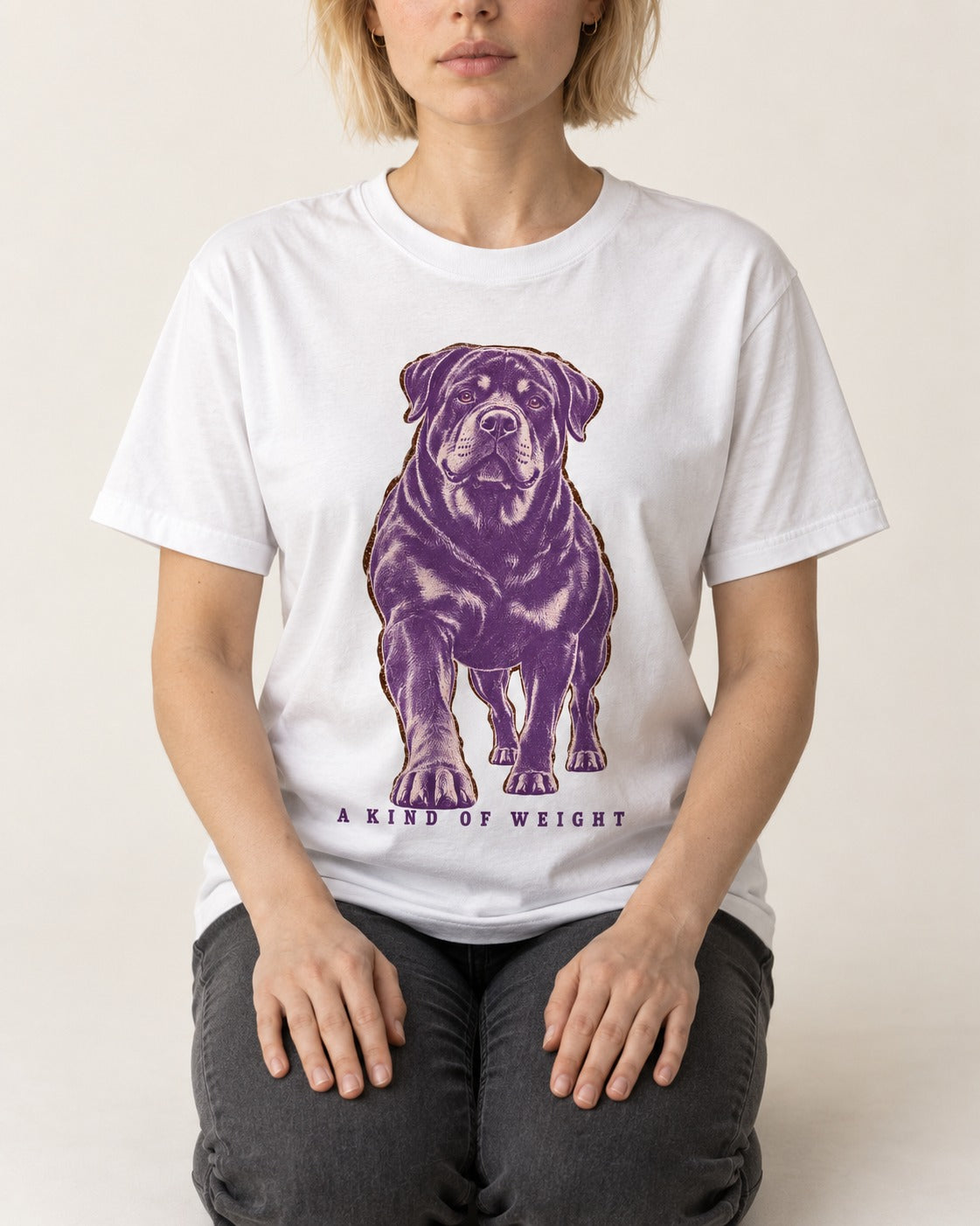 Rottweiler A Kind of Weight T-Shirt in White, worn by a seated model