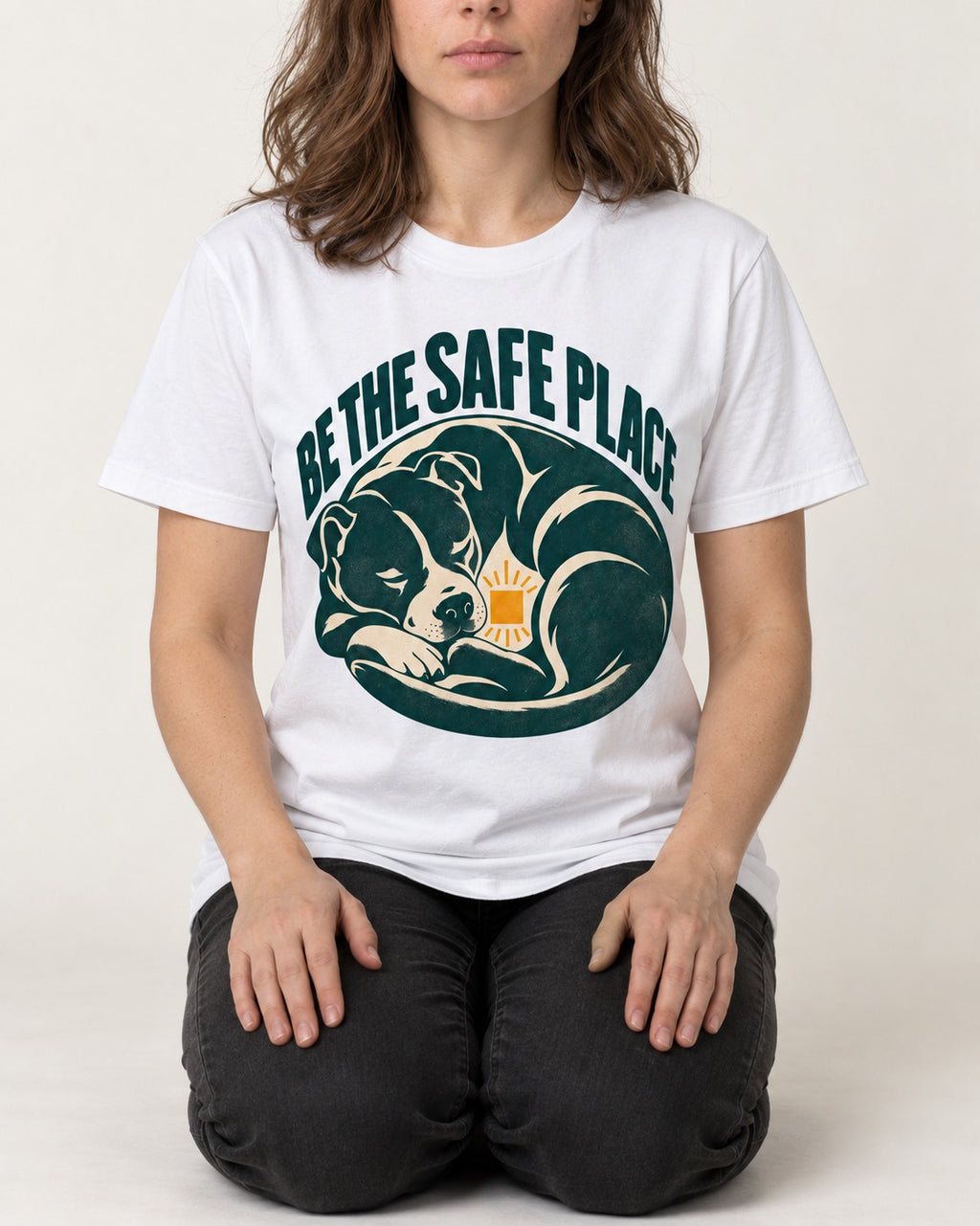Pitbull Safe Place T-Shirt in White, worn by a seated model