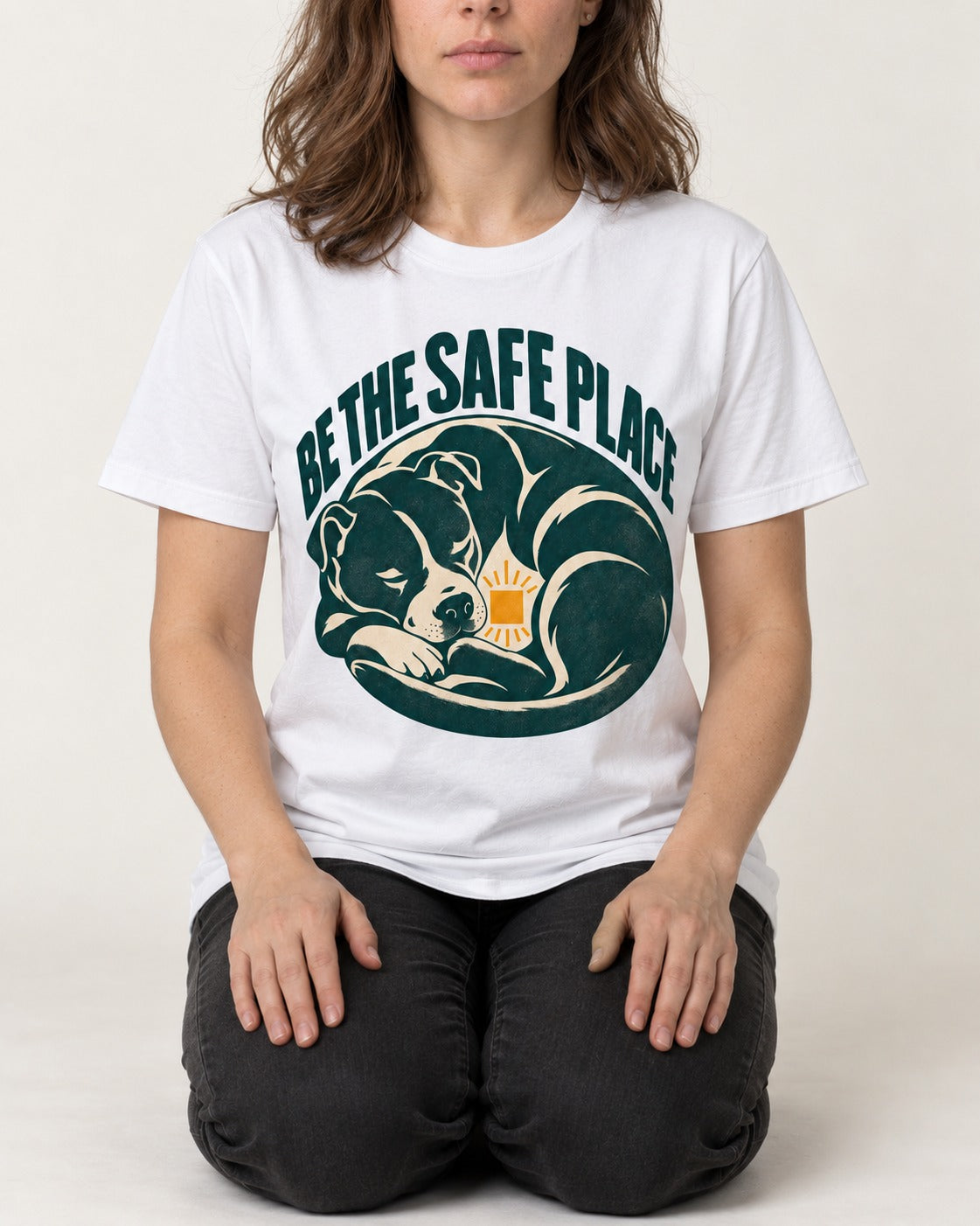 Pitbull Safe Place T-Shirt in White, worn by a seated model