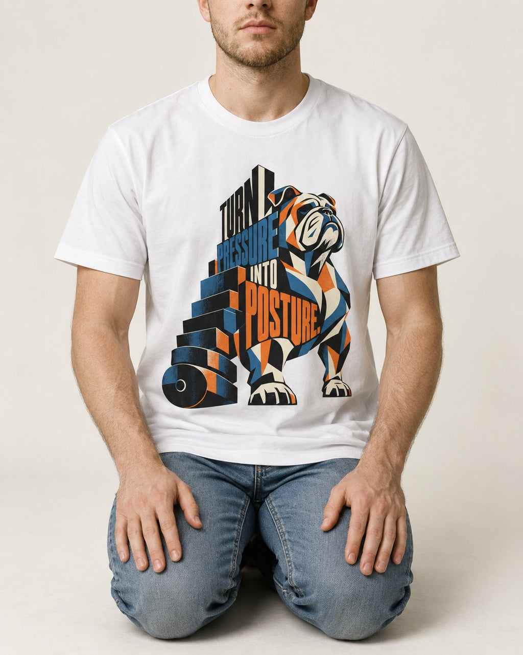 Turn Pressure Into Posture English Bulldog T-Shirt in White, worn by a seated model