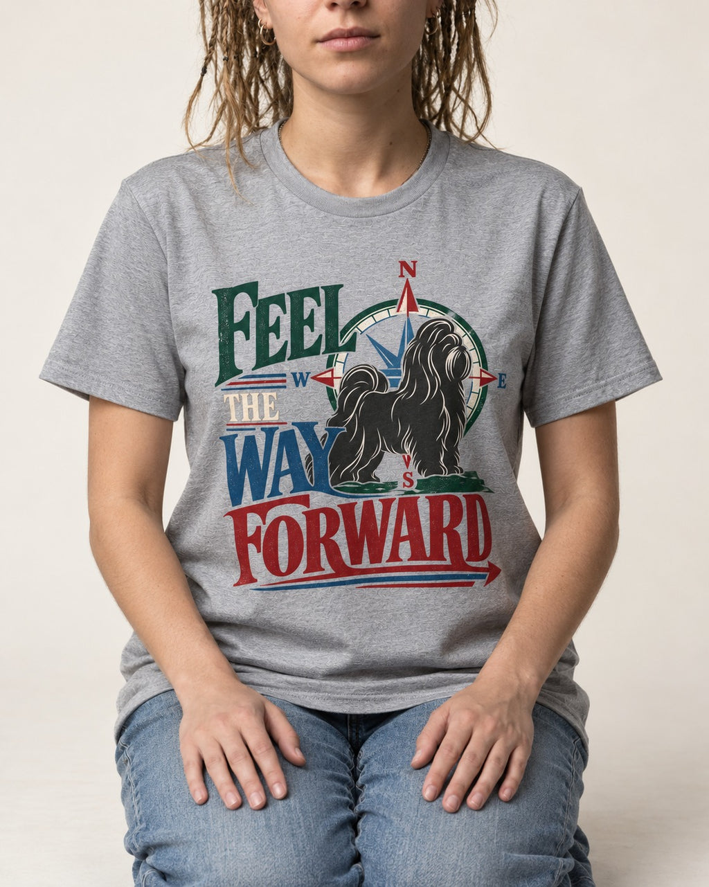 Shih Tzu Feel the Way Forward Compass Graphic T-Shirt in Sport Grey, worn by a seated model
