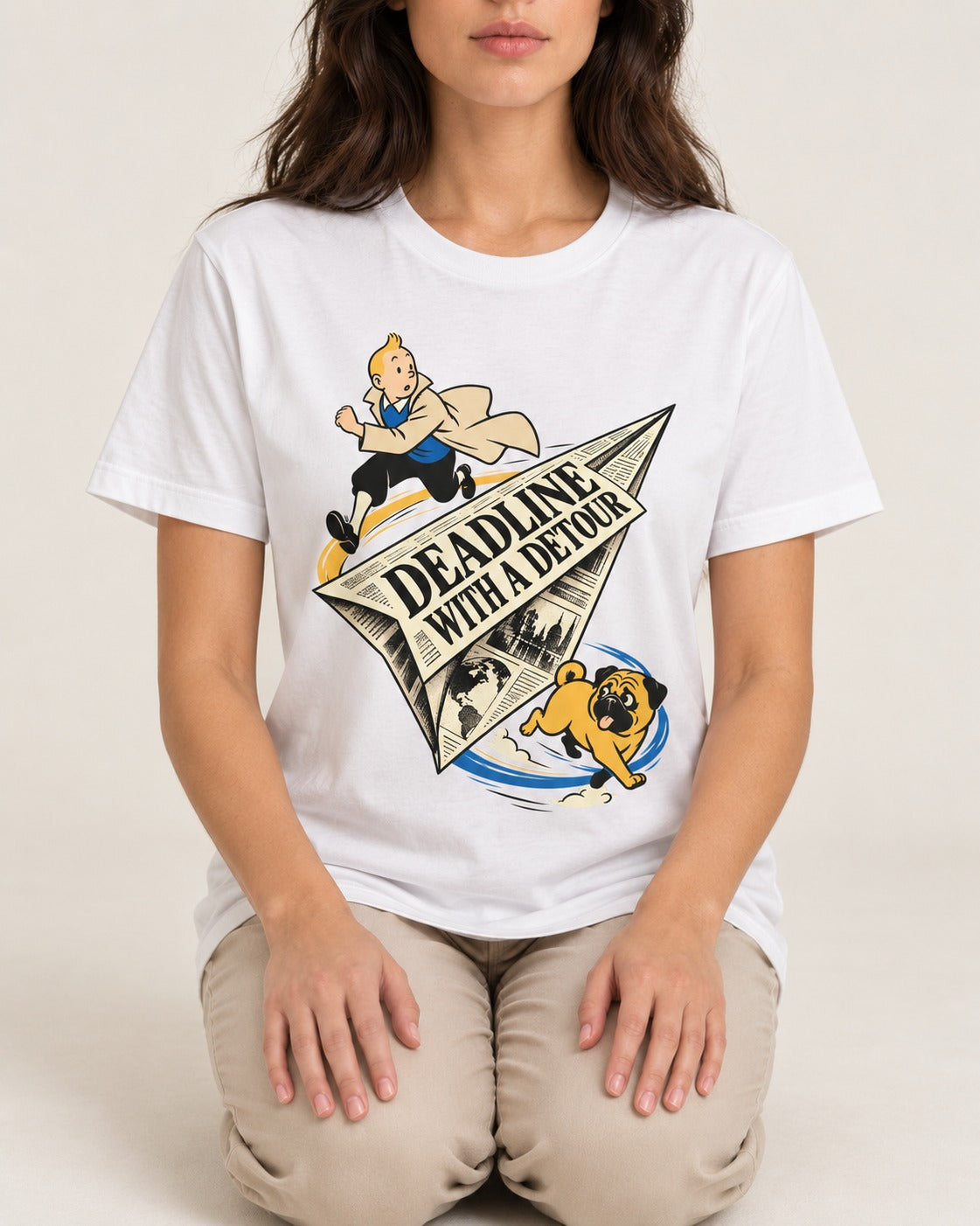 Deadline with a Pug Detour T-Shirt in White, worn by a seated model
