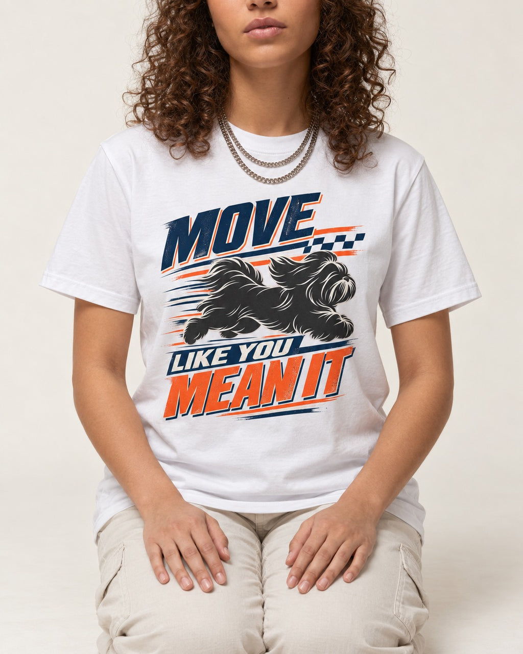 Move and Mean It Shih Tzu T-Shirt in White, worn by a seated model