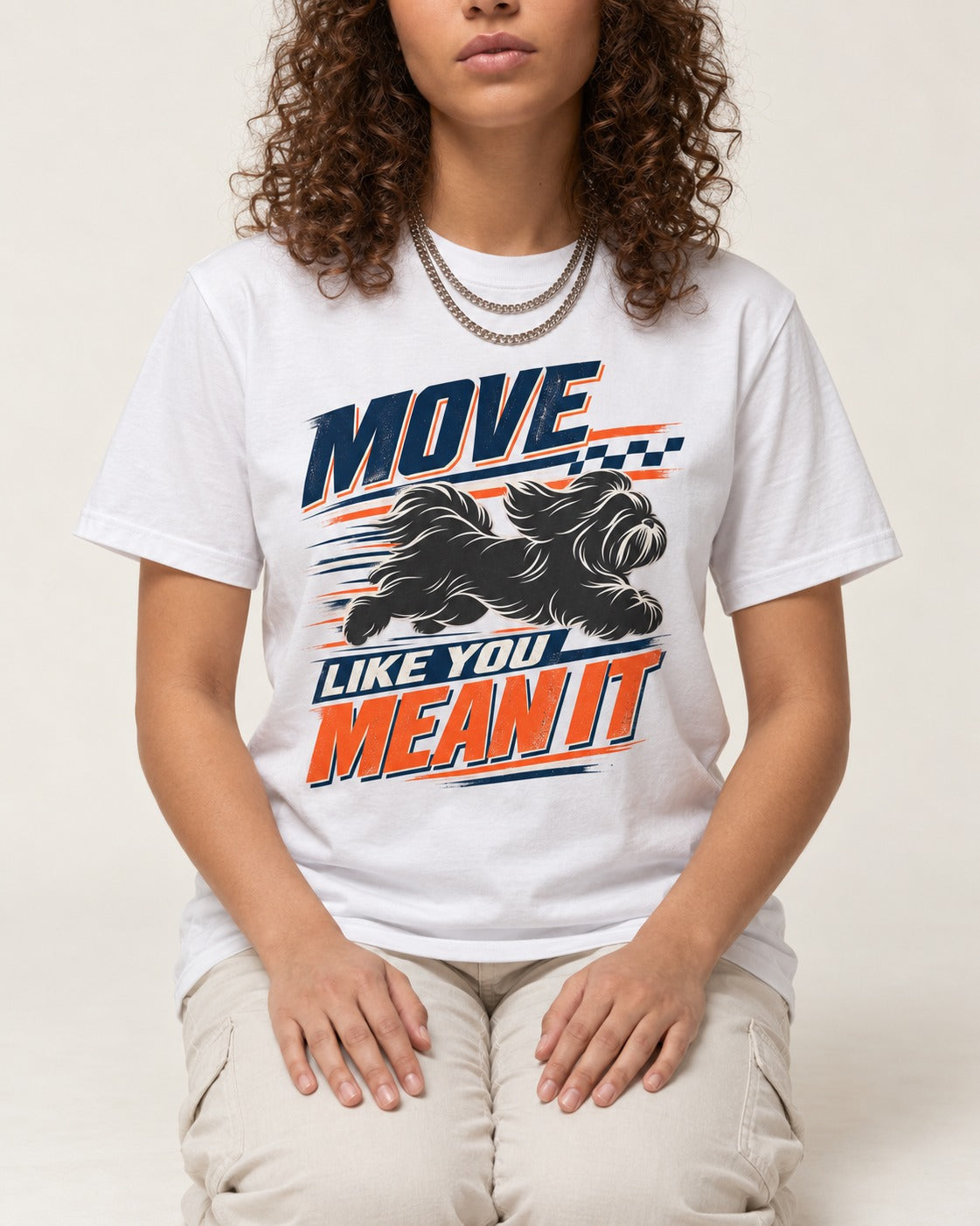 Move and Mean It Shih Tzu T-Shirt in White, worn by a seated model