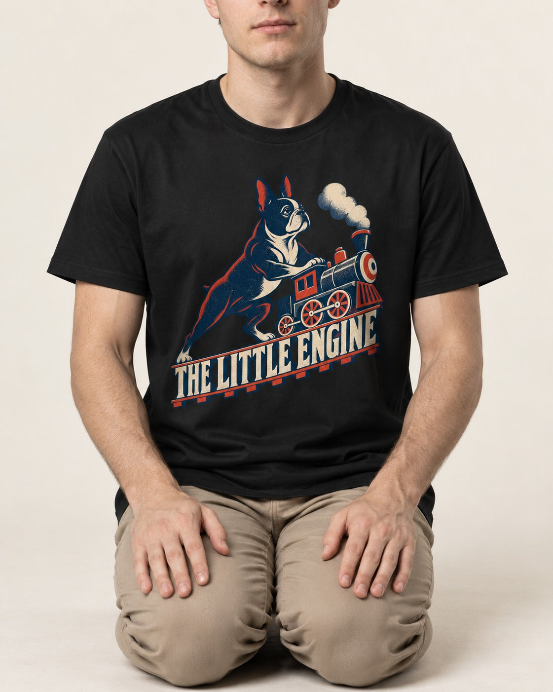 Boston Terrier The Little Engine T-Shirt in Black, worn by a seated model