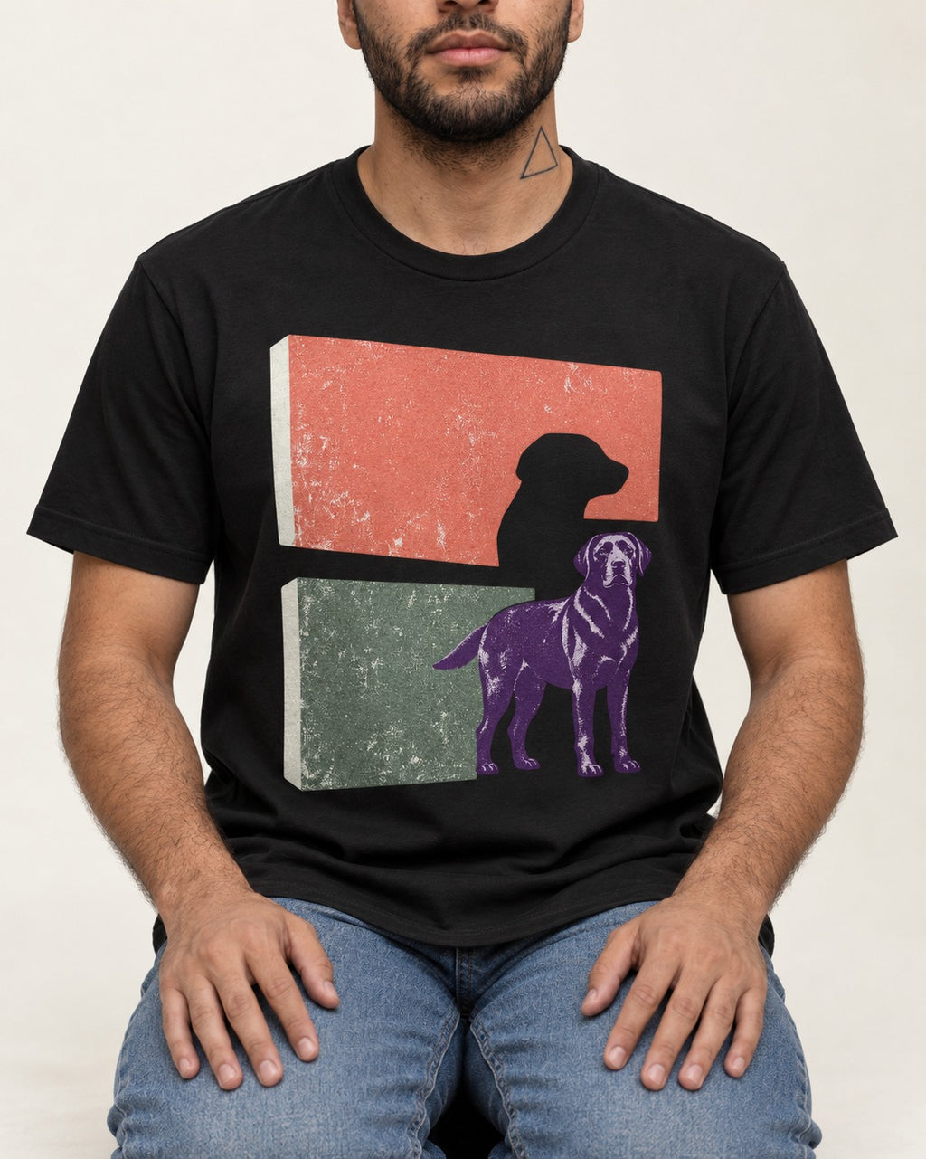 Labrador Retriever Field Test Brutalist Panels Graphic T-Shirt in Black, worn by a seated model