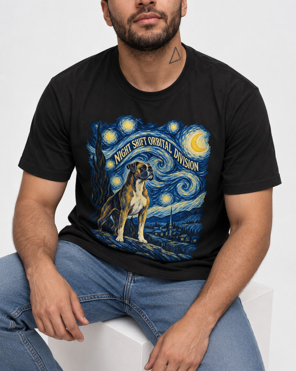 Night Shift Orbital Division Boxer Night Sky Graphic T-Shirt in Black, worn by a seated model