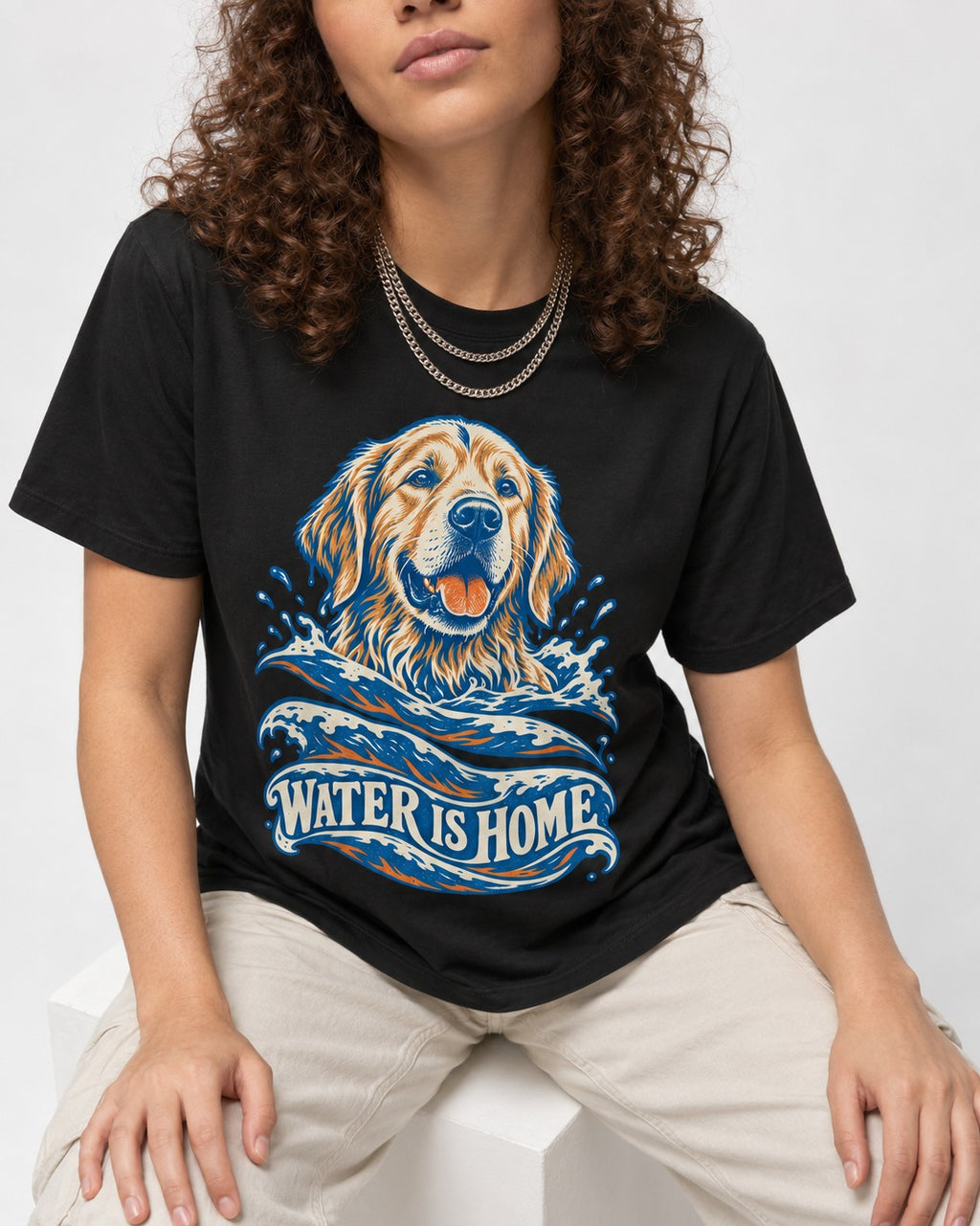 Golden Retriever Water Is Home Ocean Wave Graphic T-Shirt in Black, worn by a seated model