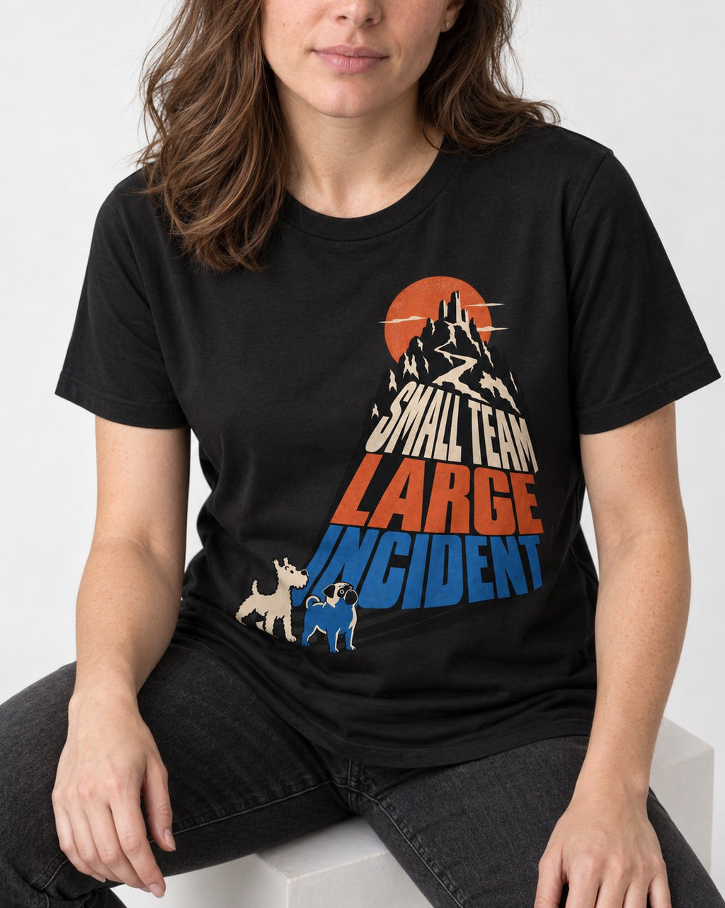 Pug Small Team Large Incident Mountain Graphic T-Shirt in Black, worn by a seated model