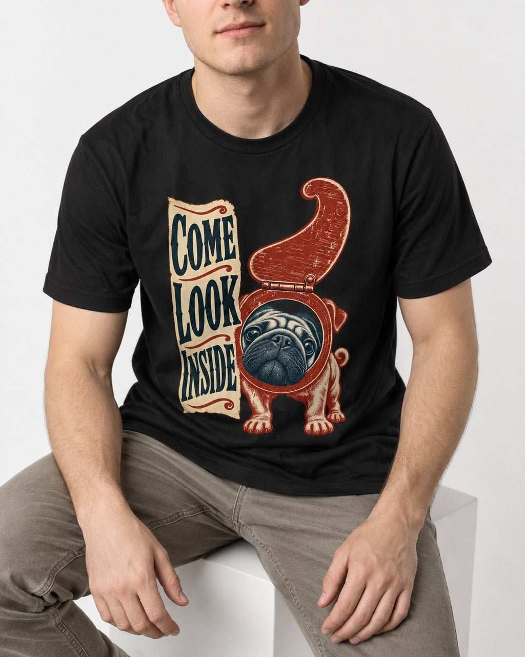Pug Come Look Inside Toilet Seat Graphic T-Shirt in Black, worn by a seated model