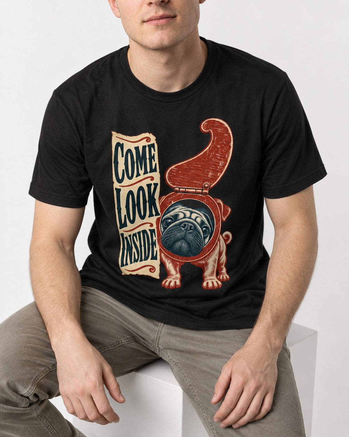 Pug Come Look Inside Toilet Seat Graphic T-Shirt in Black, worn by a seated model
