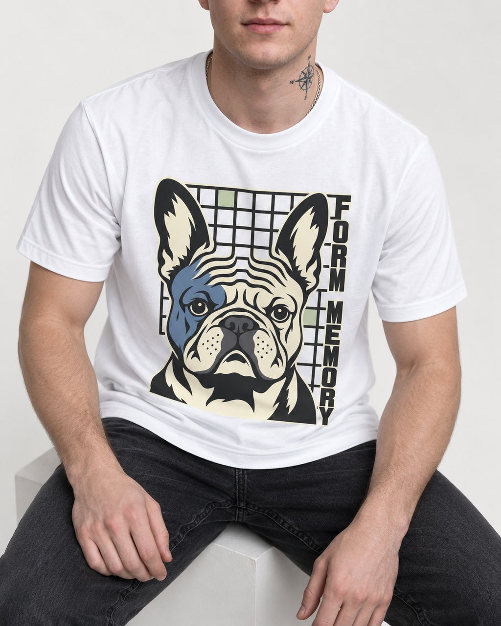 Form Memory Frenchie T-Shirt in White, worn by a seated model