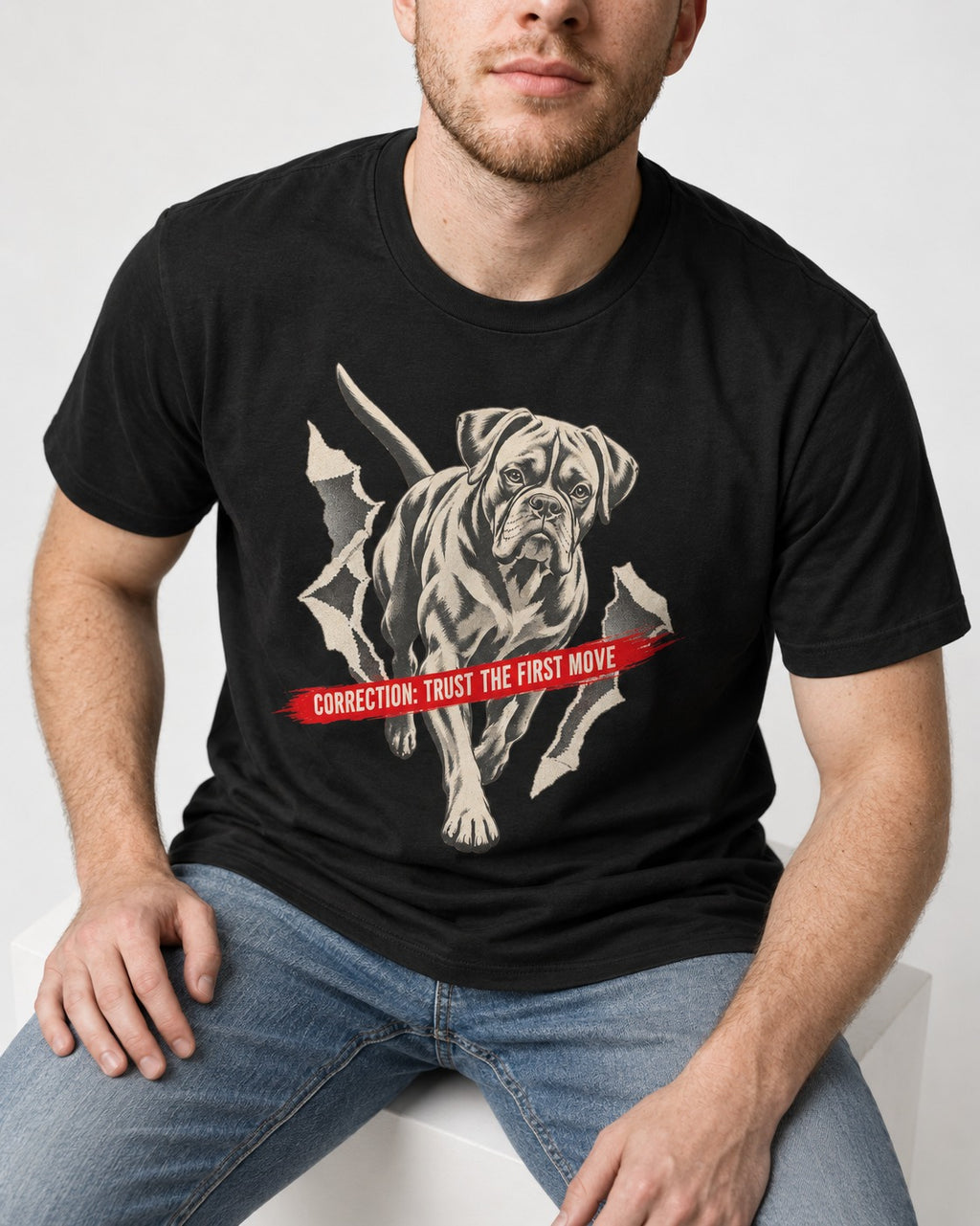 Mastiff Mismatch Boxer Needs Review T-Shirt in Black, worn by a seated model
