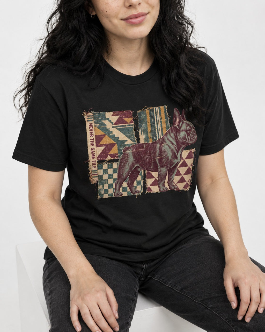 Frenchie Never the Same Tile Textile Graphic T-Shirt in Black, worn by a seated model