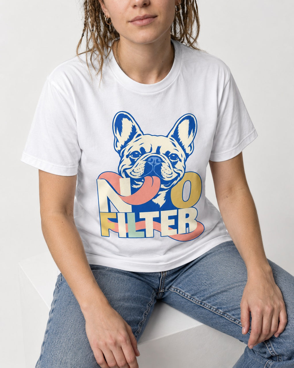 No Filter Frenchie T-Shirt in White, worn by a seated model