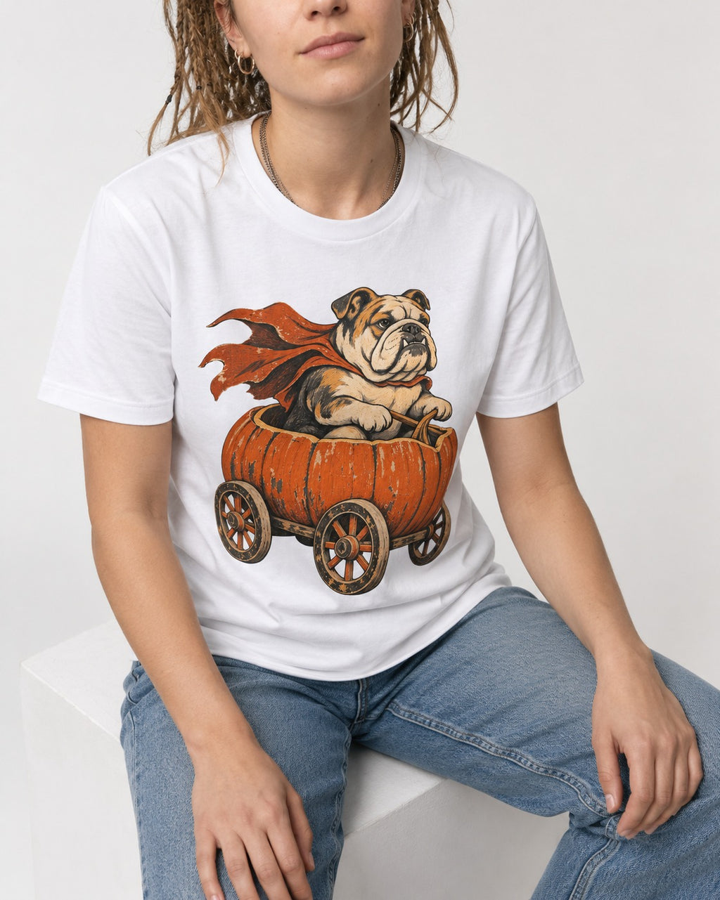 English Bulldog Midnight Magic T-Shirt in White, worn by a seated model