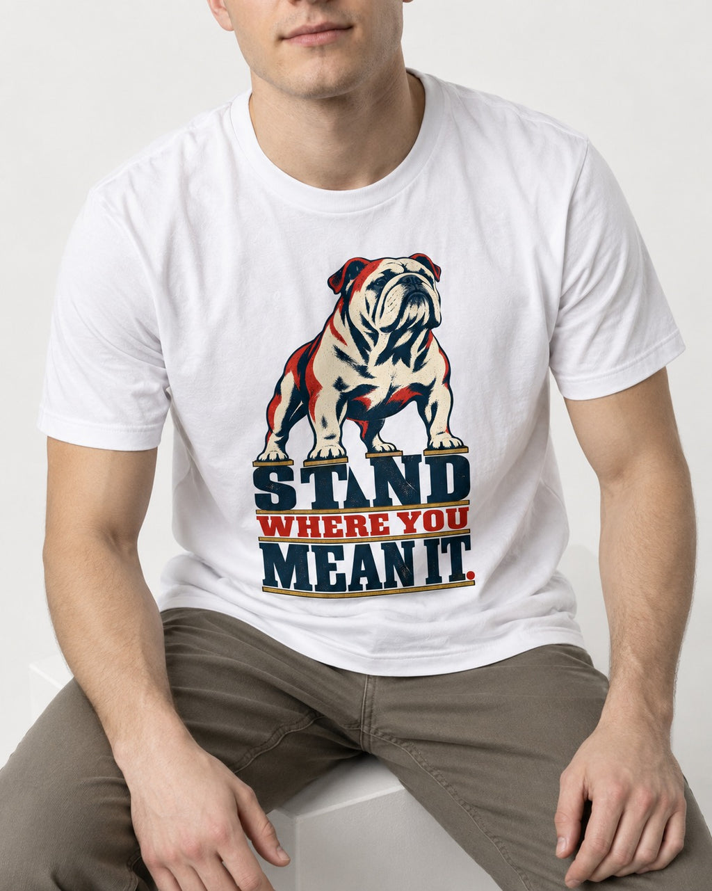English Bulldog Stand T-Shirt in White, worn by a seated model