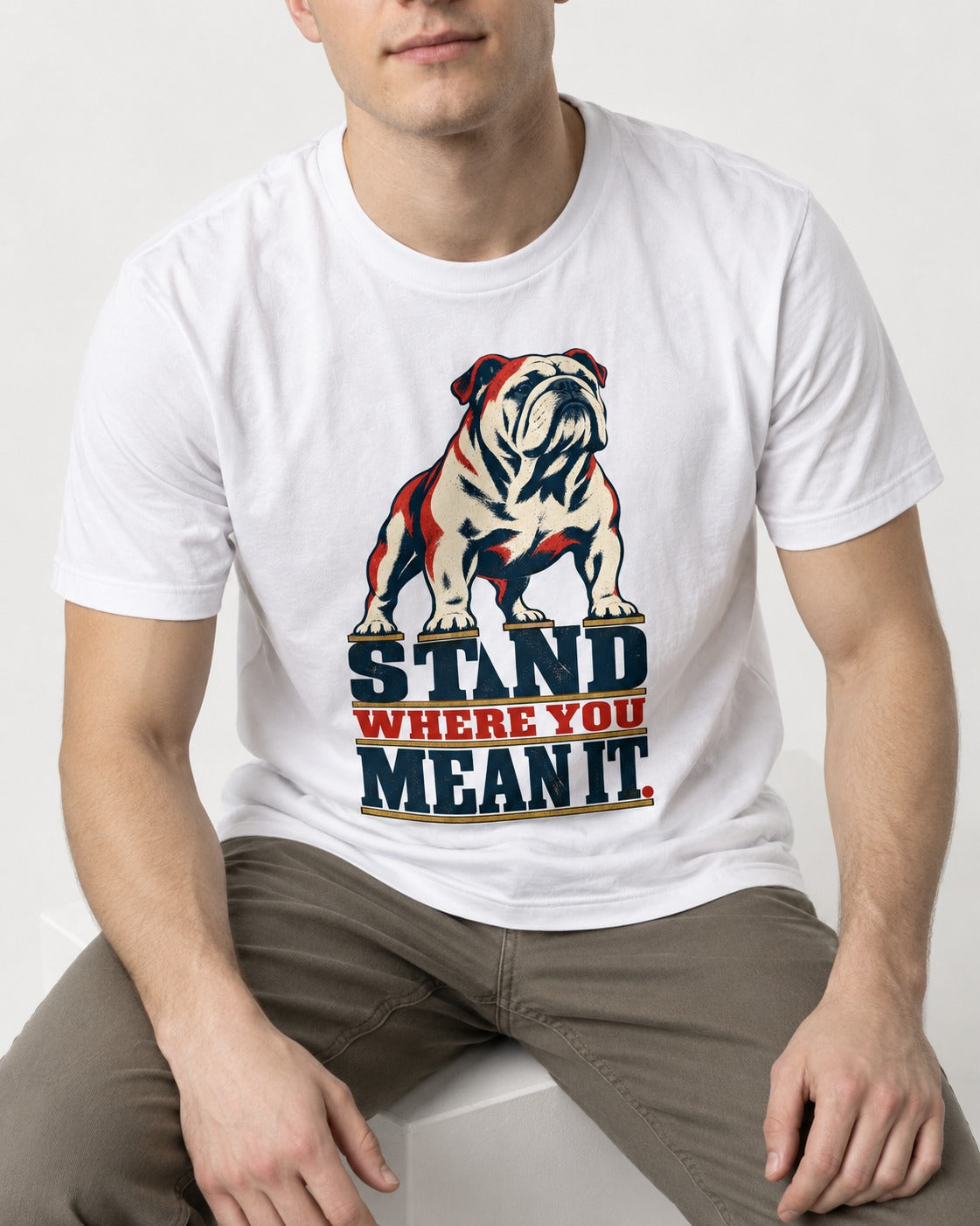 English Bulldog Stand T-Shirt in White, worn by a seated model