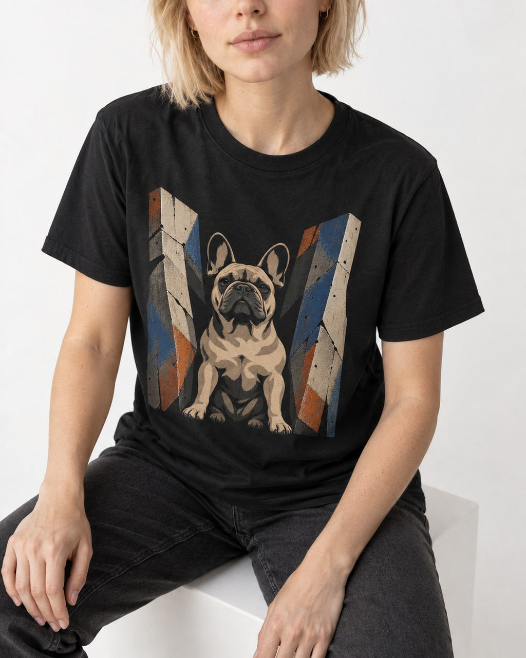 Frenchie Concrete Diplomat Barrier Portrait T-Shirt in Black, worn by a seated model