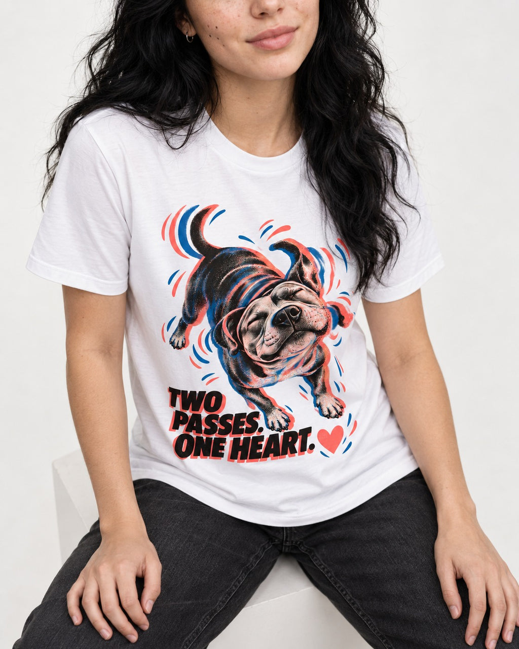 Two Passes One Heart Pitbull T-Shirt in White, worn by a seated model