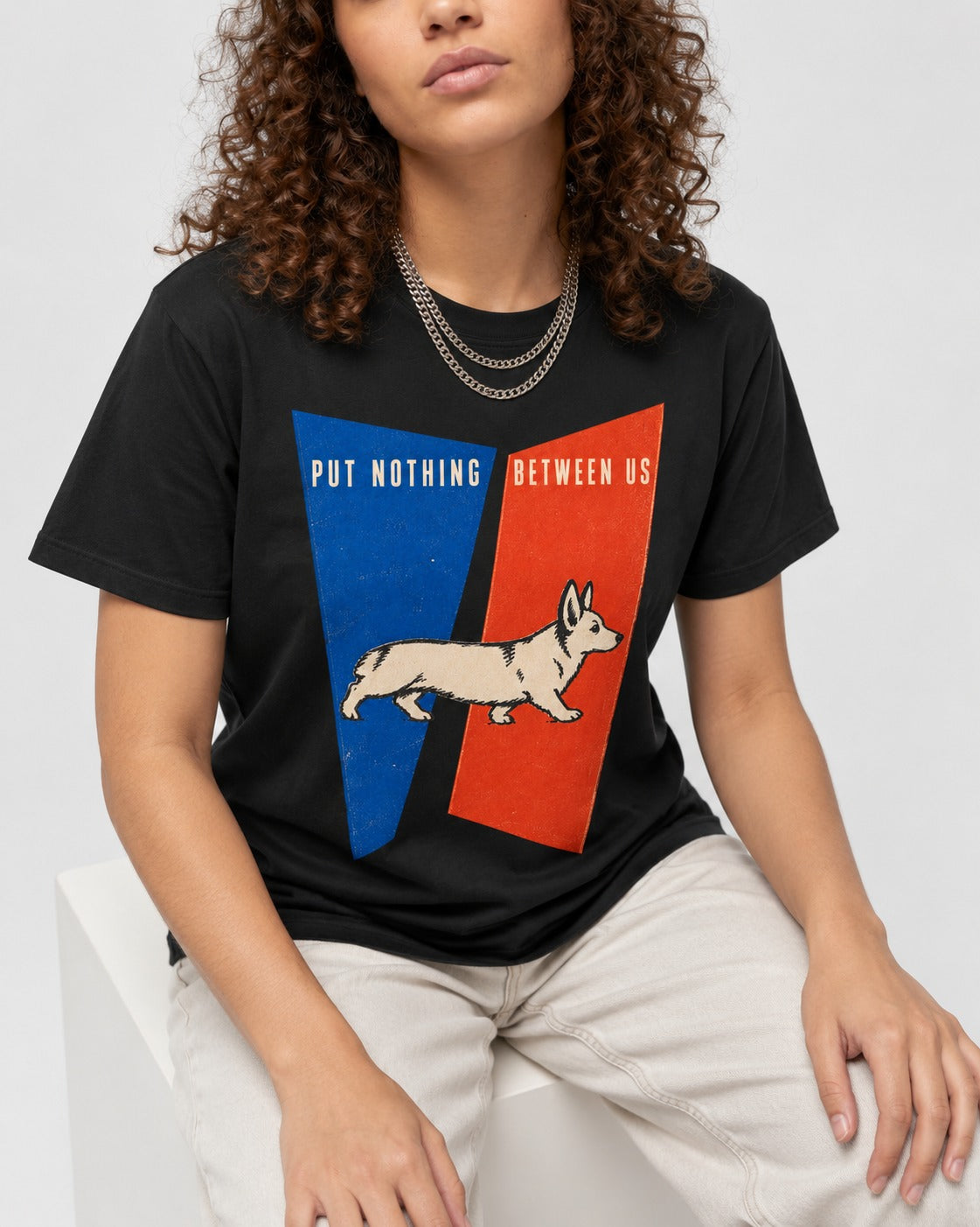 Corgi Put Nothing Between Us Split Panels T-Shirt in Black, worn by a seated model