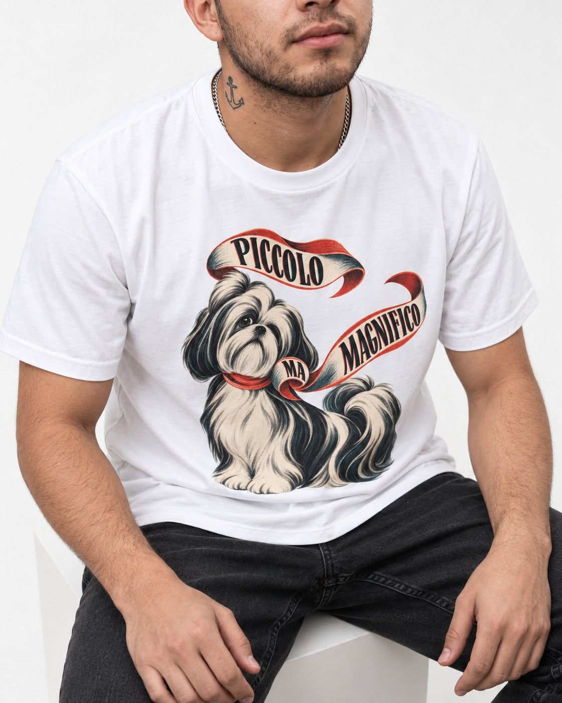 Piccolo Ma Magnifico Shih Tzu T-Shirt in White, worn by a seated model