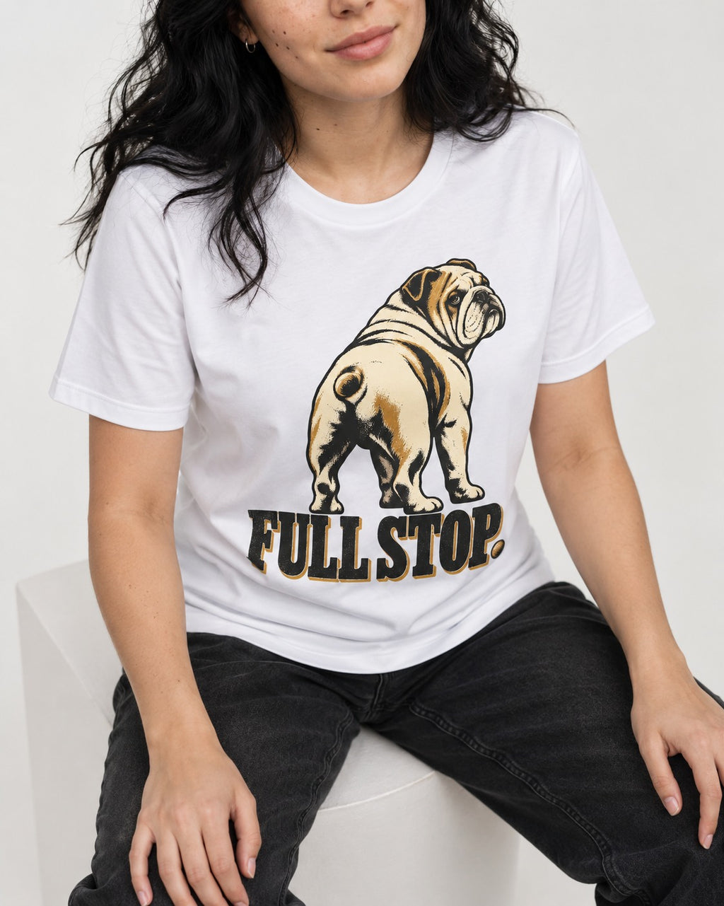 English Bulldog Full Stop T-Shirt in White, worn by a seated model