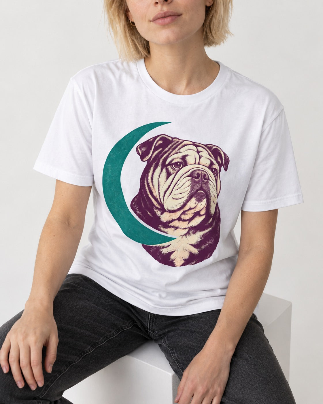 Moonstruck English Bulldog T-Shirt in White, worn by a seated model
